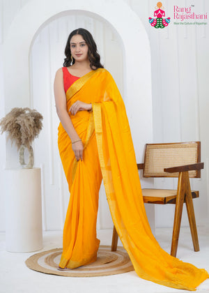 Yellow Chinnon Plain Saree for Haldi Ceremony | Latest Edit