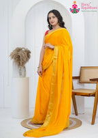 Yellow Pure Chinon saree with Zari Work side drape view