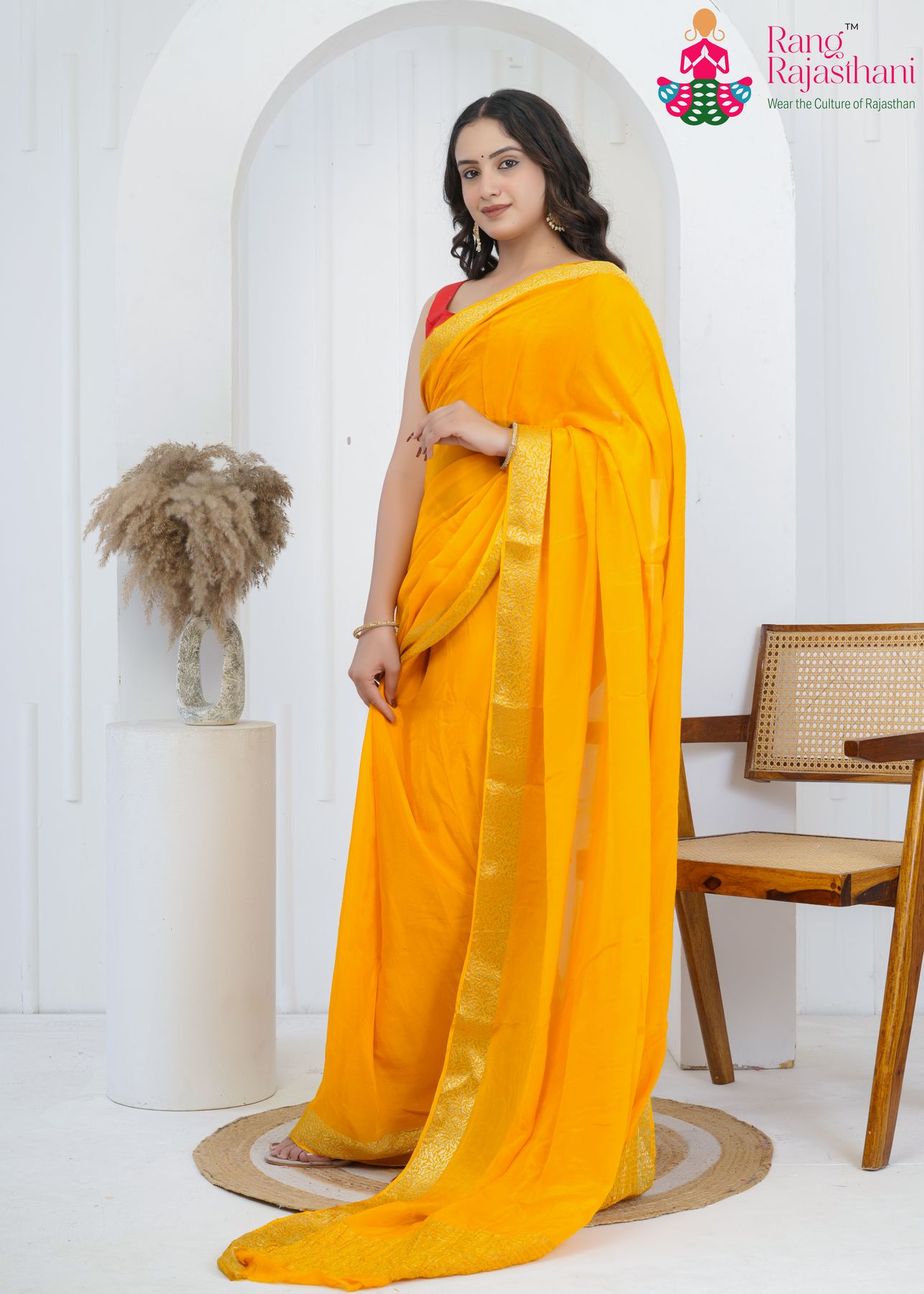 yellow pure chinnon saree with zari work for mangal side drape view