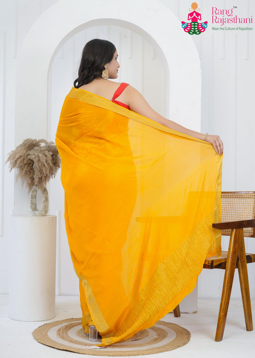 yellow pure chinnon saree with zari work for mangal path back view