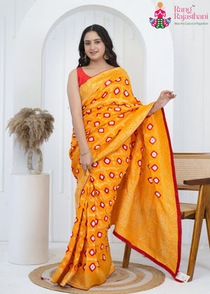 Yellow Pure Dola Silk Hand Tie Dye Bandhani Gharchola Saree for Festive Celebration | Buy Online