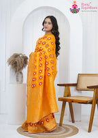 Yellow Pure Dola Silk saree with Bandhej Banarasi Zari Work side drape view