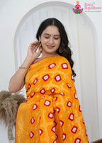 Yellow Pure Dola Silk saree with Bandhej Banarasi Zari Work close up detailing