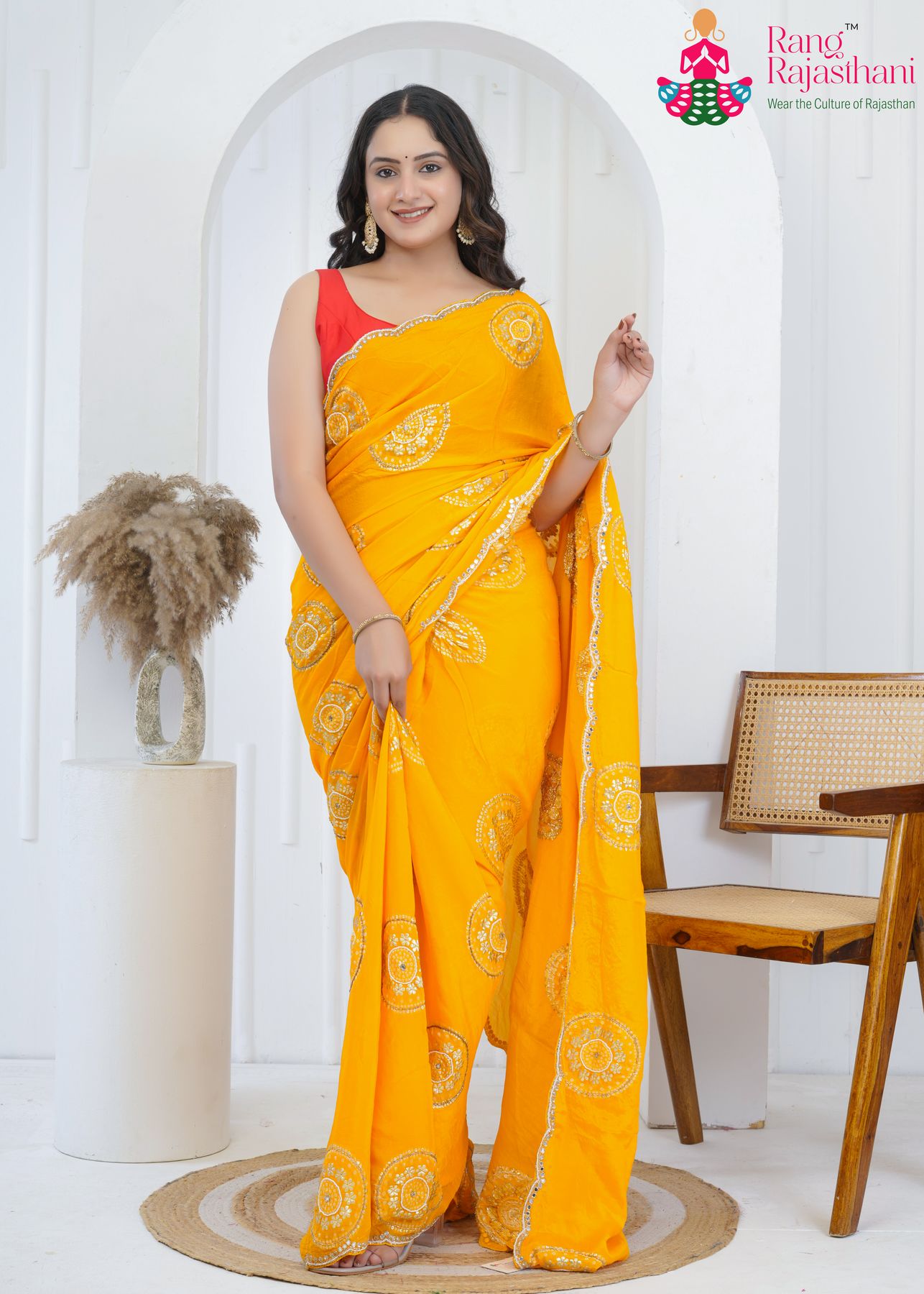 Yellow Chinon Festive Saree : Mirror Mandala Sparkle