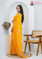 Yellow Chinon saree with Hand-Work side drape view