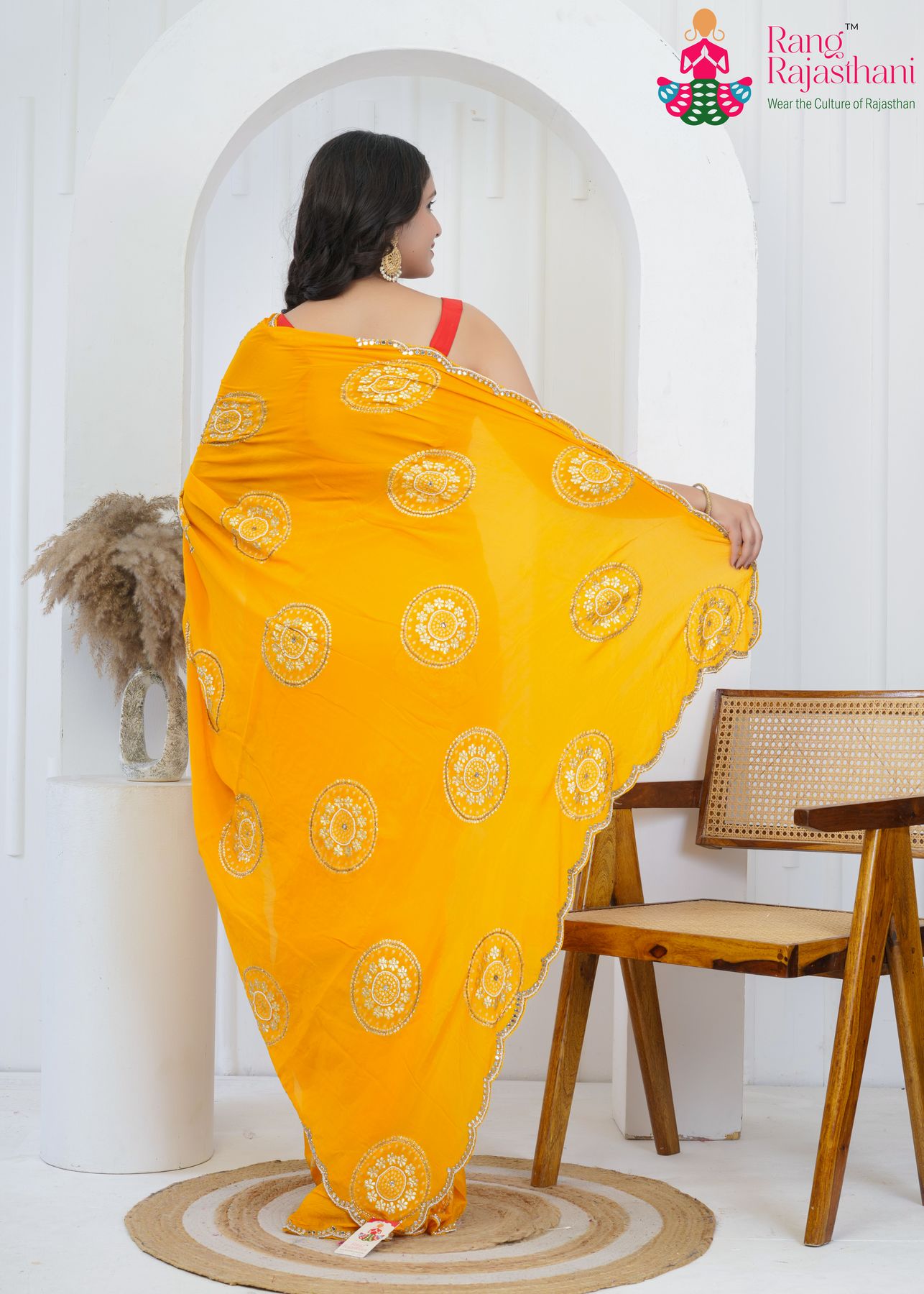 Yellow Chinon Festive Saree : Mirror Mandala Sparkle