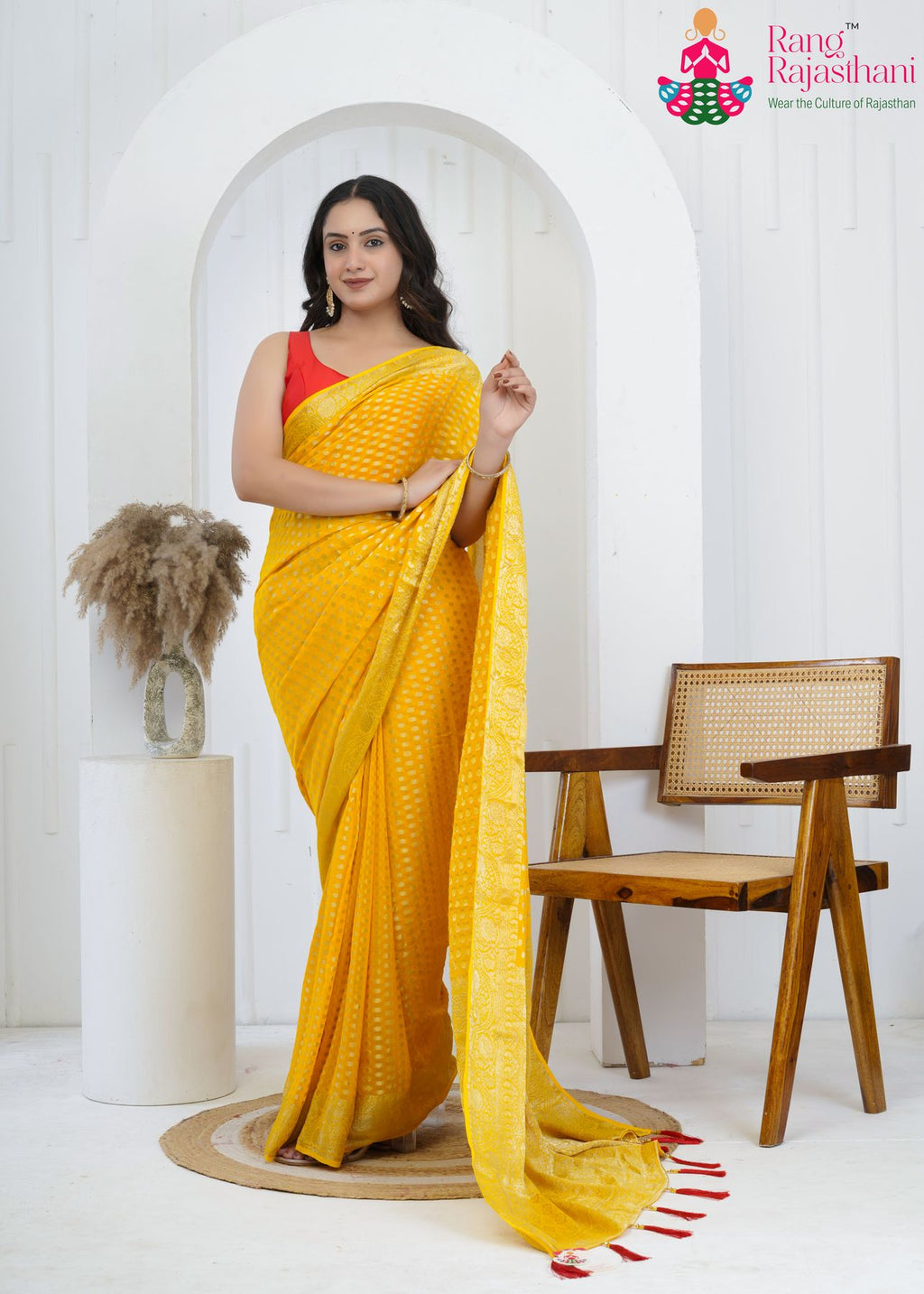 yellow pure georgette saree with khaddi work for baan