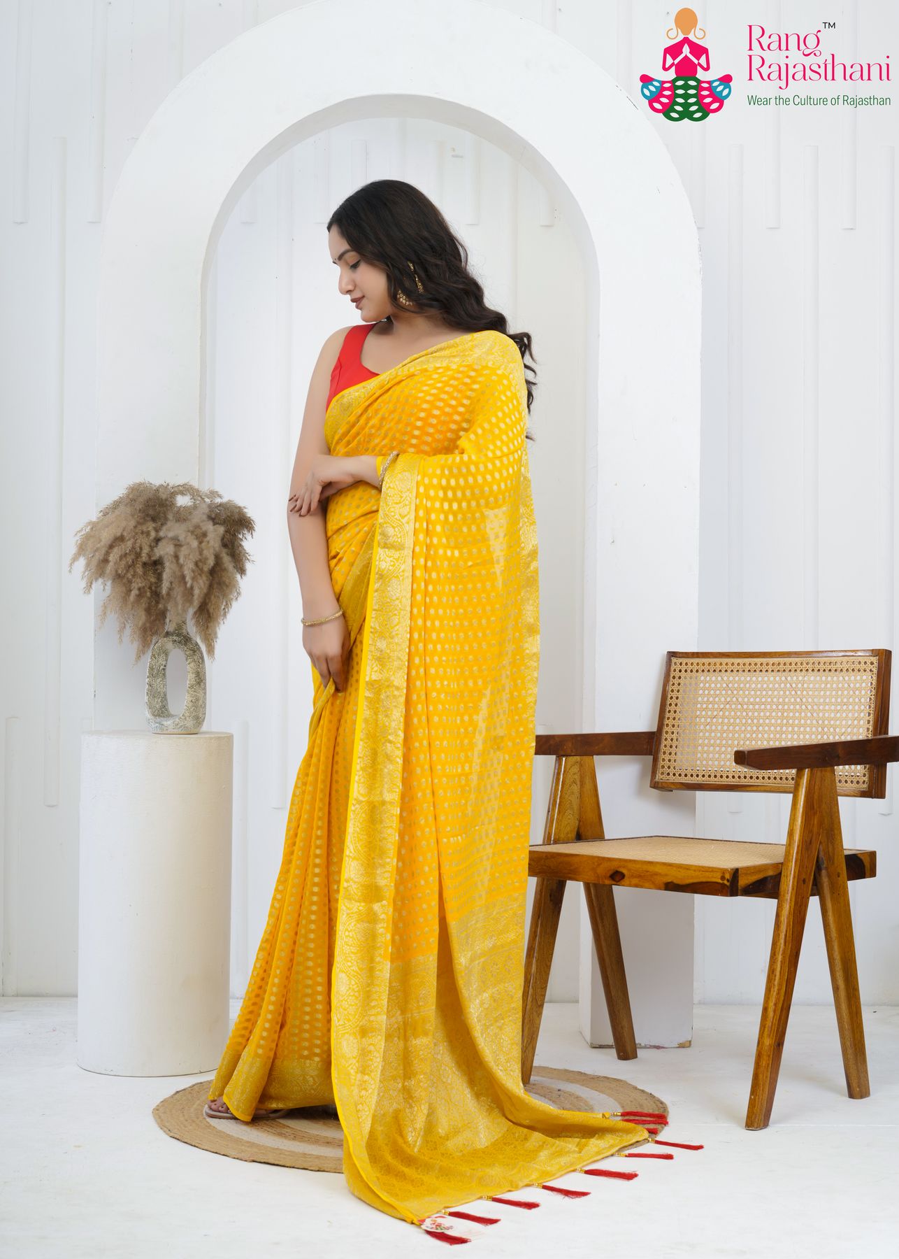 yellow pure georgette saree with khaddi work for baan side drape view
