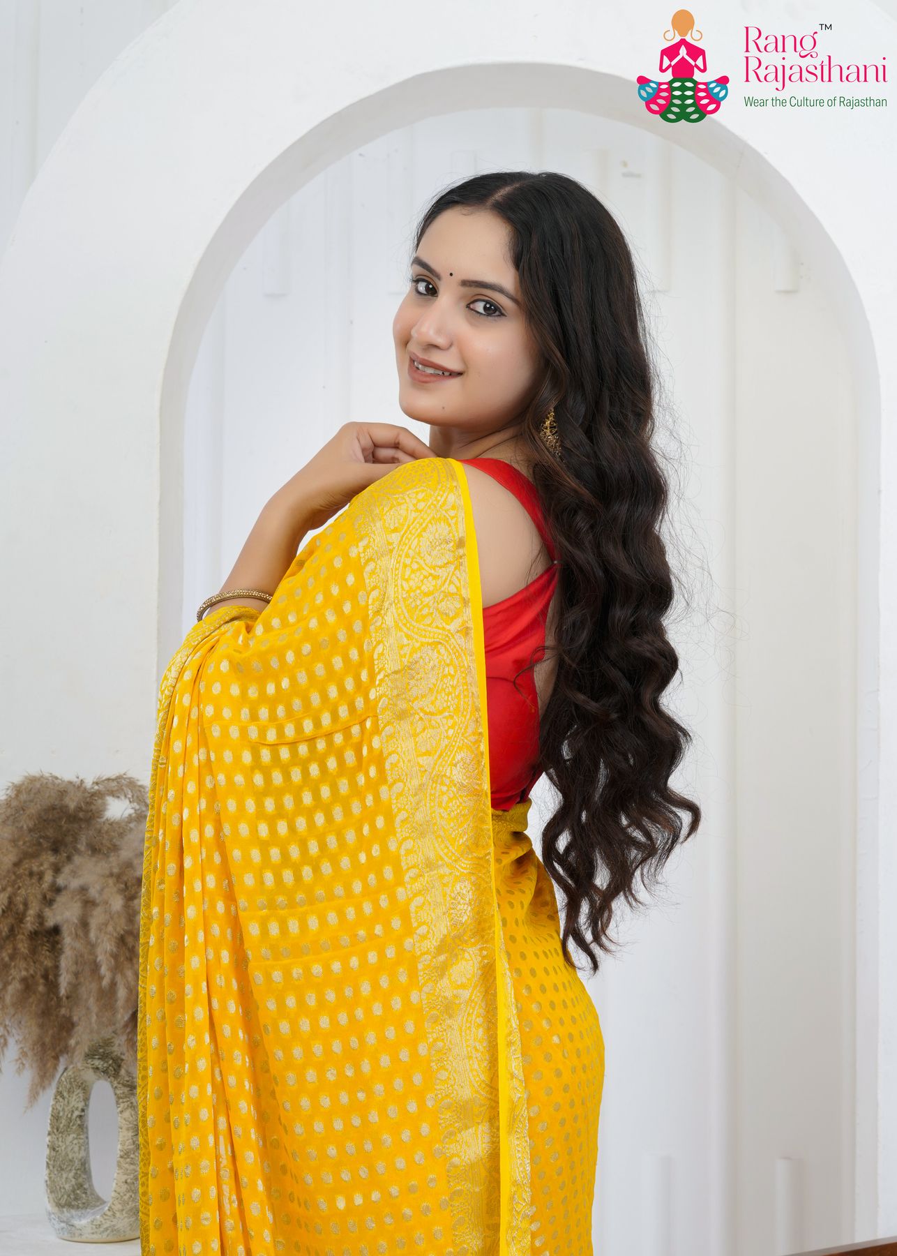 yellow pure georgette saree with khaddi work for baan close-up view