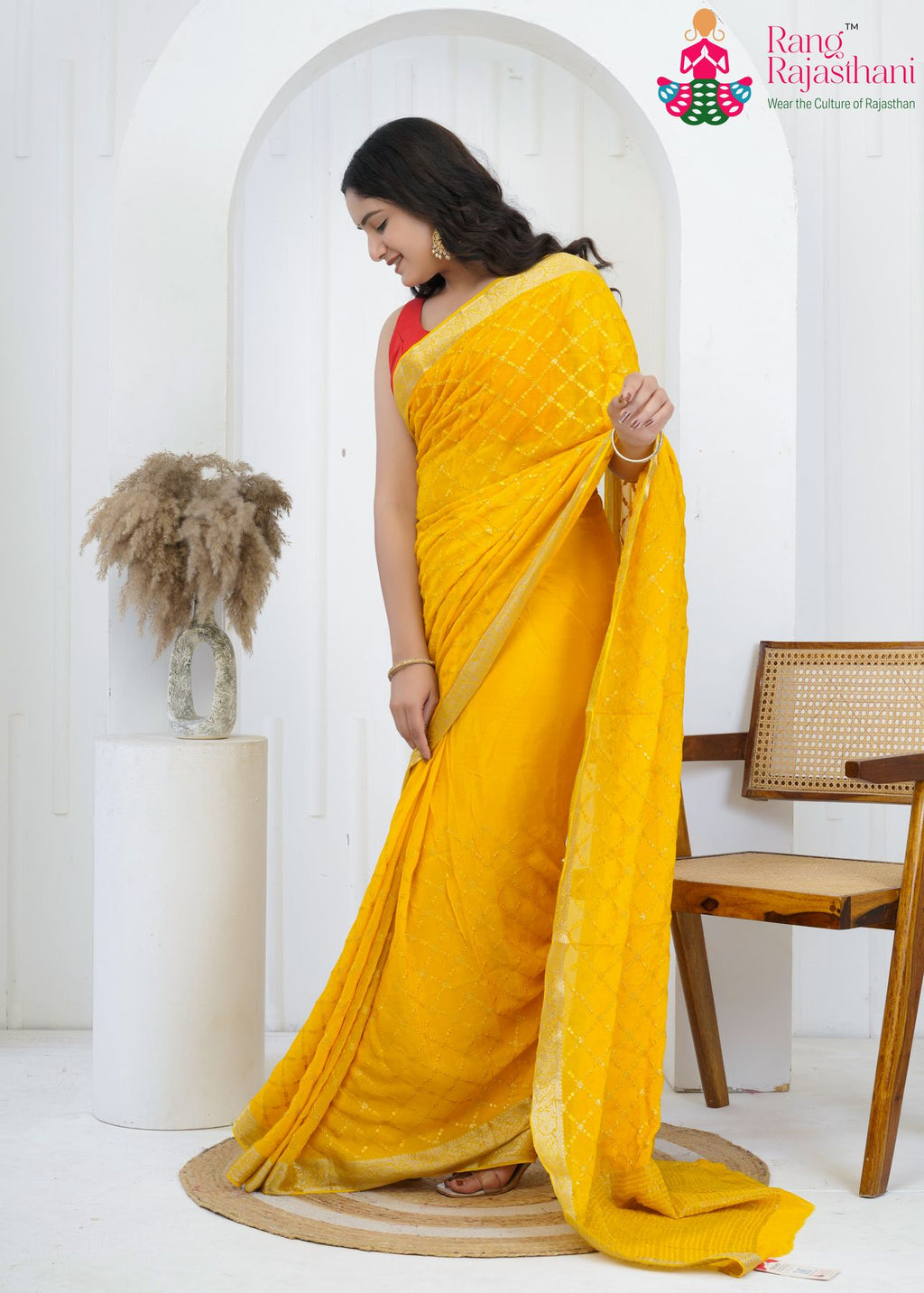 Yellow Pure Chinon saree with Sequence side drape view