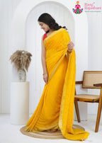 Yellow Pure Chinon saree with Sequence side drape view