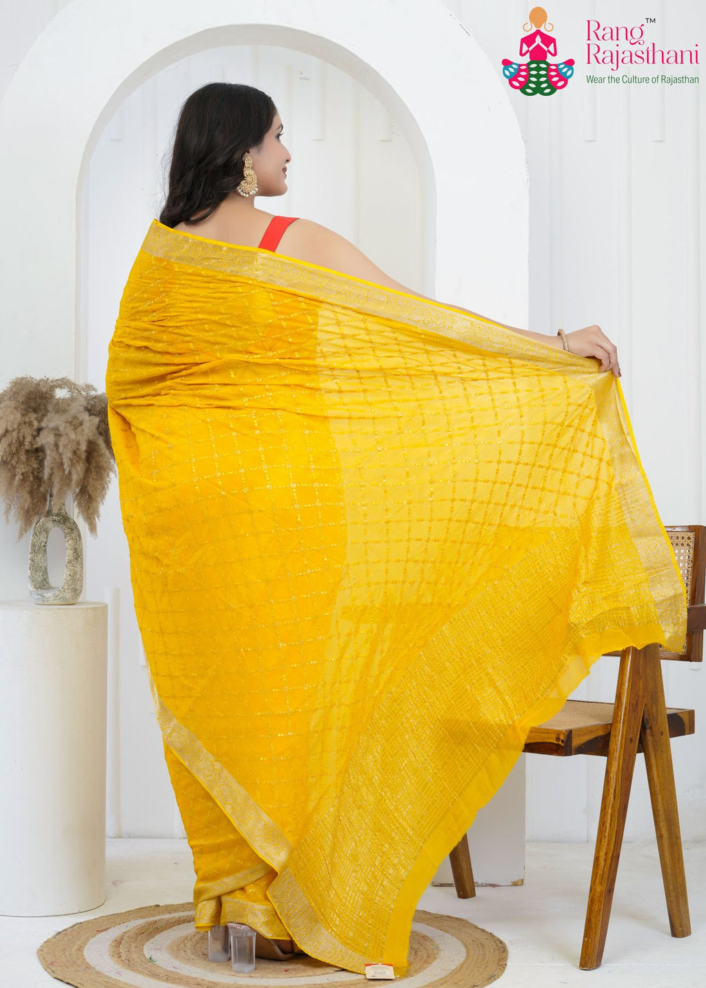 Yellow Pure Chinon saree with Sequence back view