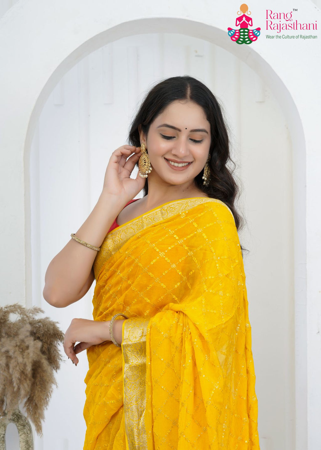 Yellow Pure Chinon saree with Sequence close up detailing