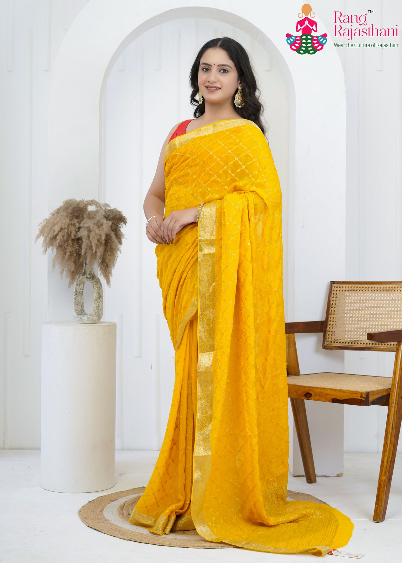 Yellow saree for haldi Ã¢â‚¬â€ pure chinnon saree | Rang Rajasthani