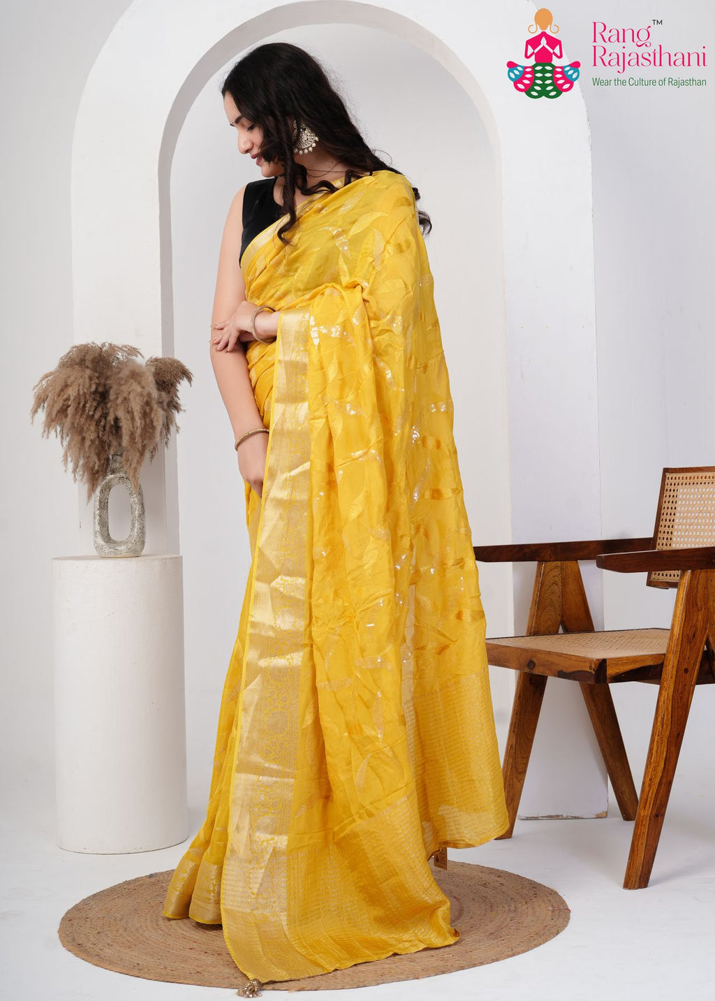Yellow Silk Amber Aura Saree : Rajputana Threads