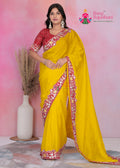 yellow fabric saree for haldi ceremony by Rang Rajasthani