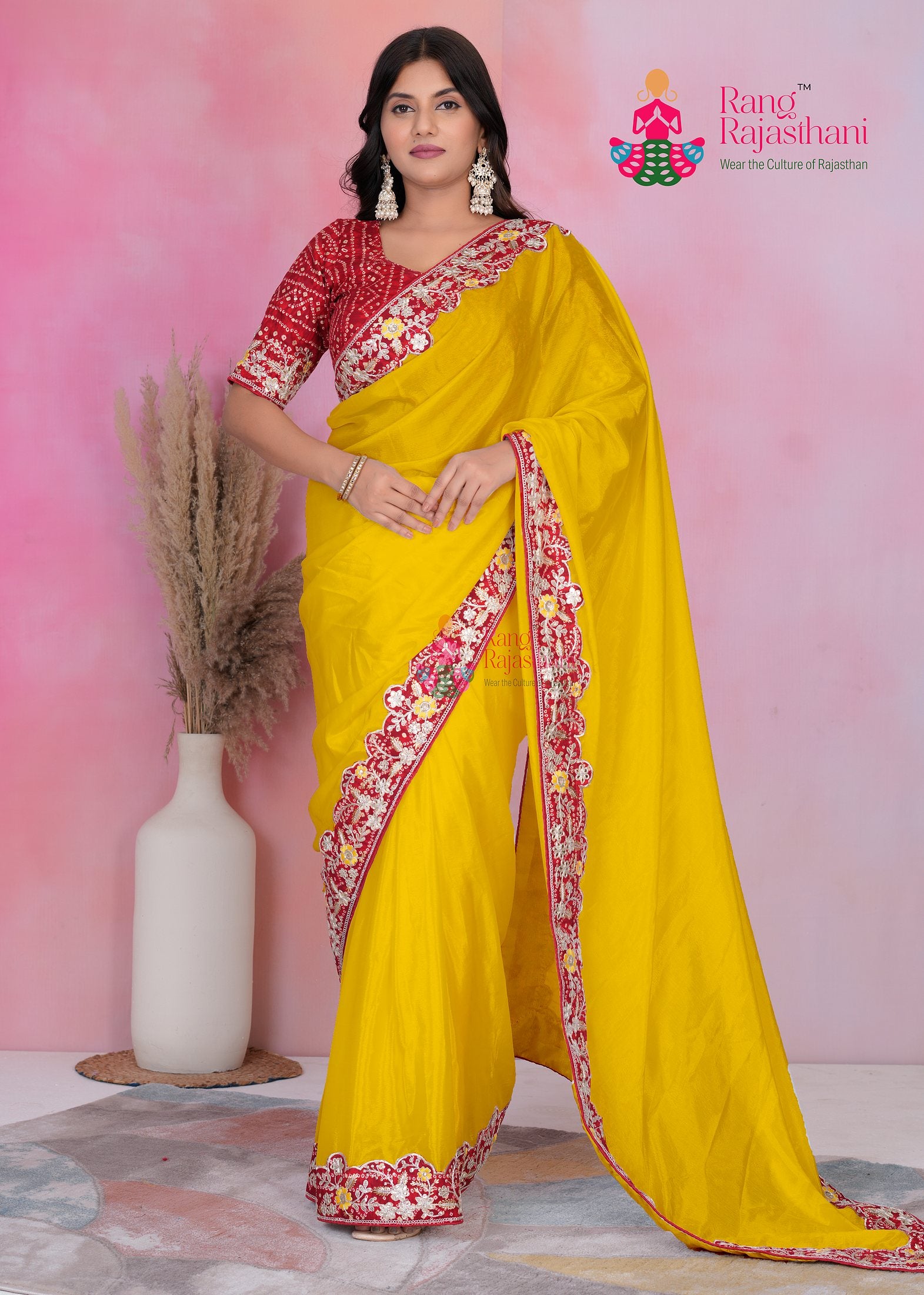 yellowg fabric saree  for haldi ceremony by Rang Rajasthani