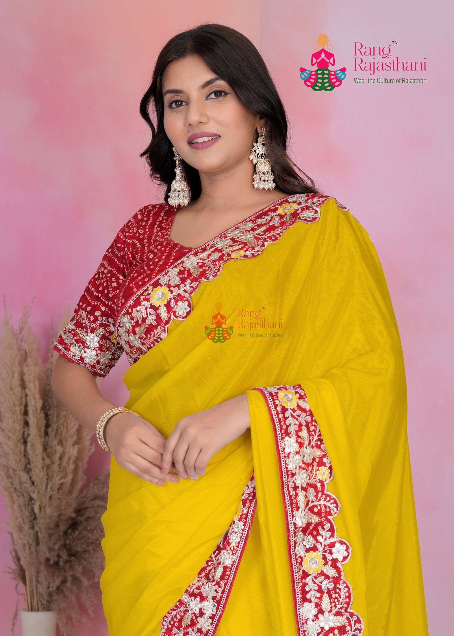 complete look of yellowg fabric saree 